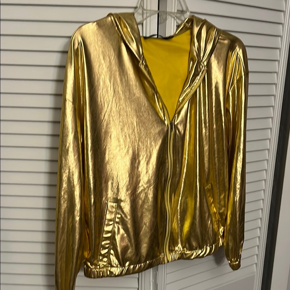 Holographic Shimmery Gold Metallic Hooded Women's Zip up Jacket SZ S